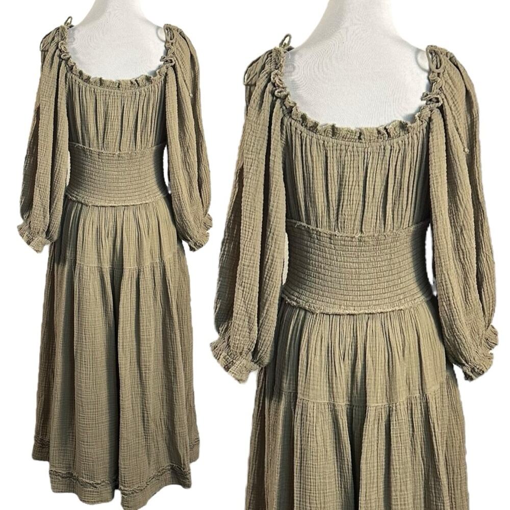 Free People Bohemian Witchy Gypsy Midi Maxi Gauze Dress Olive Small Renaissance - Picture 9 of 14